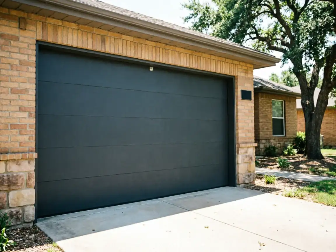 A dark gray garage door is on a brick house with a concrete driveway.